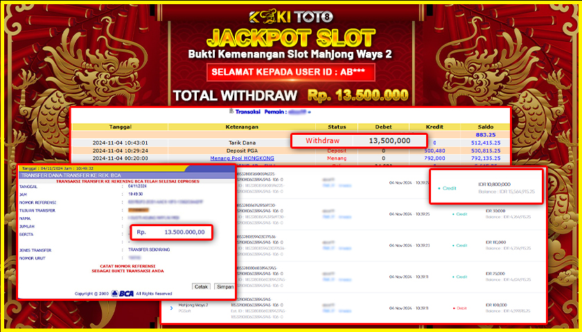 KOKITOTO JACKPOT SLOT MAHJONG WAYS 2 Rp. 13.500.000,- LUNAS