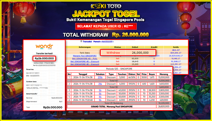 KOKITOTO JACKPOT TOGEL SINGAPORE POOLS Rp. 26.000.000,- LUNAS