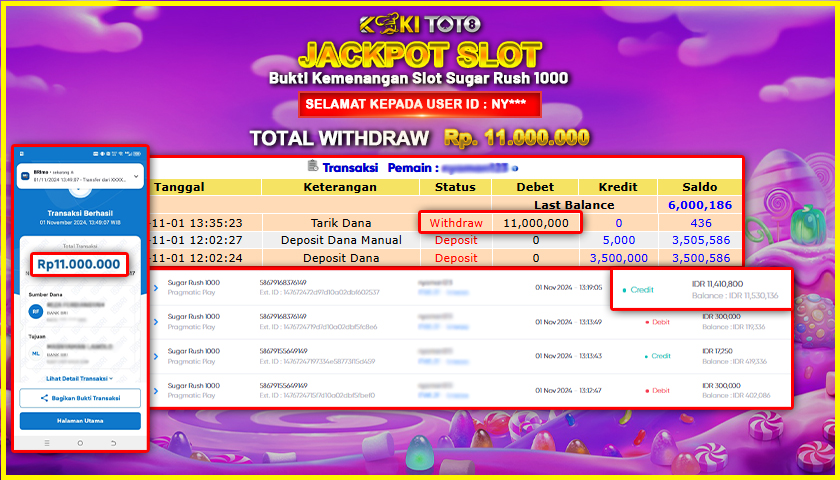 KOKITOTO JACKPOT SLOT SUGAR RUSH 1000 Rp. 11.000.000,- LUNAS