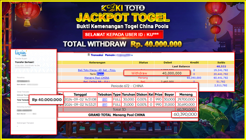 KOKITOTO JACKPOT TOGEL CHINA POOLS Rp. 40.000.000,- LUNAS