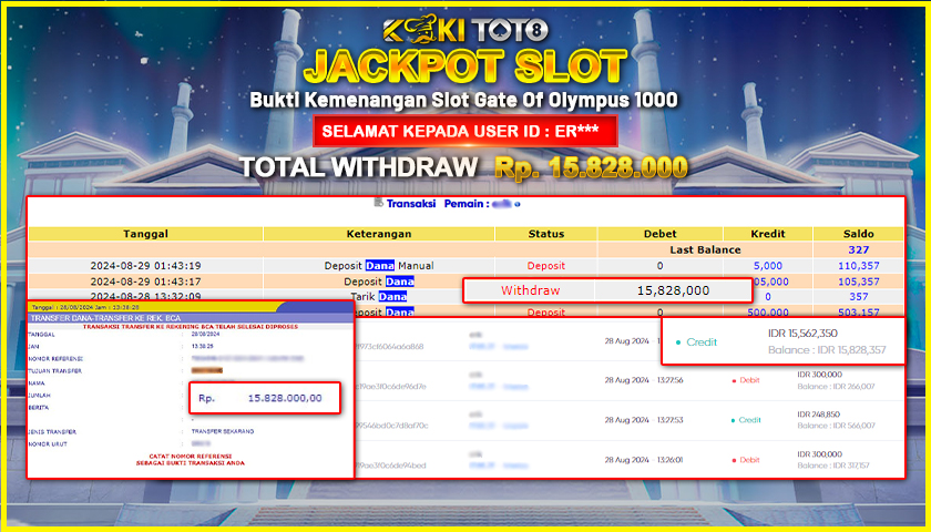 KOKITOTO JACKPOT SLOT GATE OF OLYMPUS 1000 Rp. 15.828.000,- LUNAS