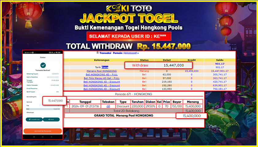 KOKITOTO JACKPOT TOGEL HONGKONG POOLS Rp. 15.477.000,- LUNAS