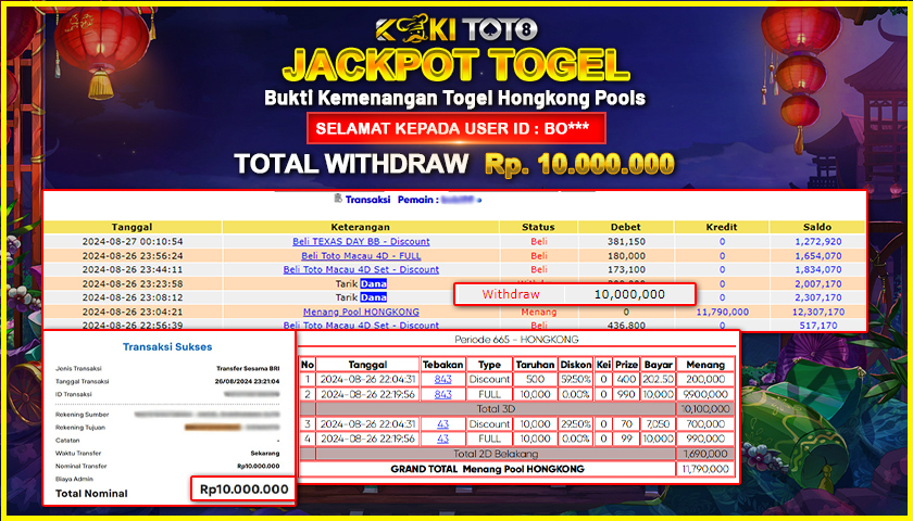 KOKITOTO JACKPOT TOGEL HONGKONG POOLS Rp. 10.000.000,- LUNAS
