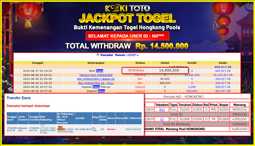 KOKITOTO JACKPOT TOGEL HONGKONG POOLS Rp. 14.500.000,- LUNAS