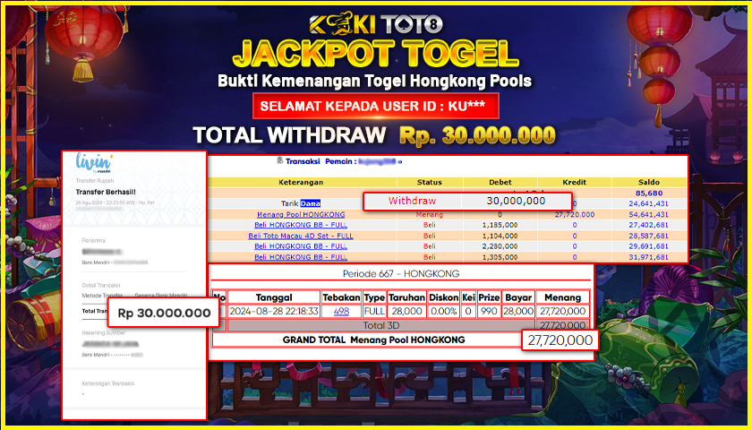 KOKITOTO JACKPOT TOGEL HONGKONG POOLS Rp. 30.000.000,- LUNAS