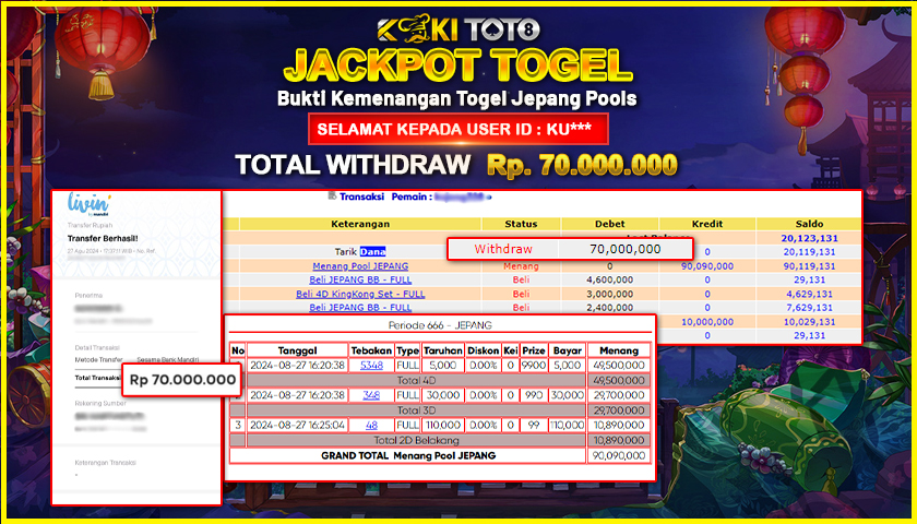 KOKITOTO JACKPOT TOGEL JEPANG POOLS Rp. 70.000.000,- LUNAS