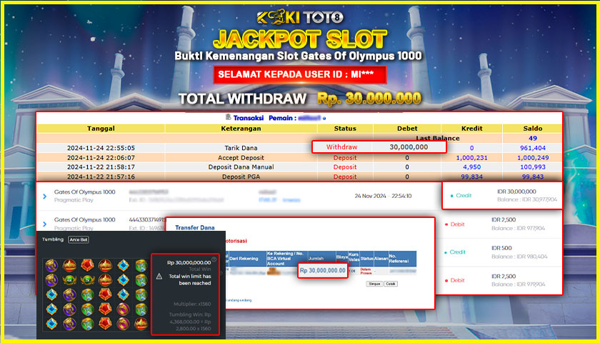 KOKITOTO JACKPOT SLOT GATE OF OLYMPUS 1000 Rp. 30.000.000,- LUNAS