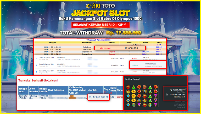 KOKITOTO JACKPOT SLOT GATES OF OLYMPUS Rp. 17.650.000,- LUNAS