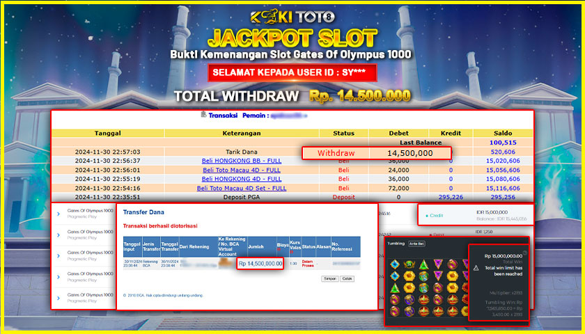 KOKITOTO JACKPOT SLOT GATE OF OLYMPUS 1000 Rp. 14.500.000,- LUNAS