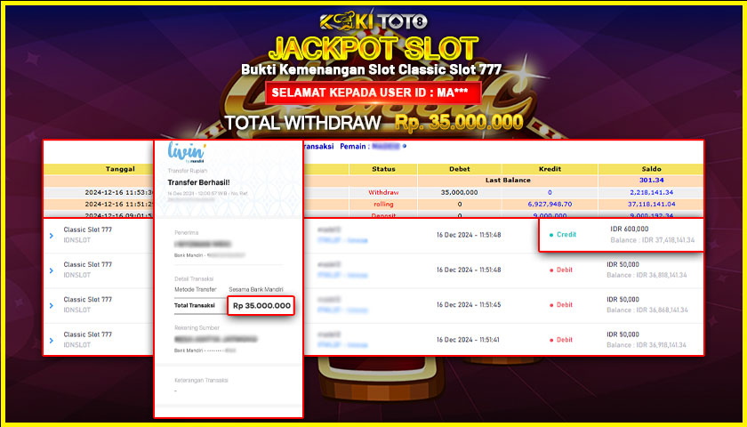 KOKITOTO JACKPOT SLOT CLASSIC SLOT 777 Rp. 35.000.000,- LUNAS