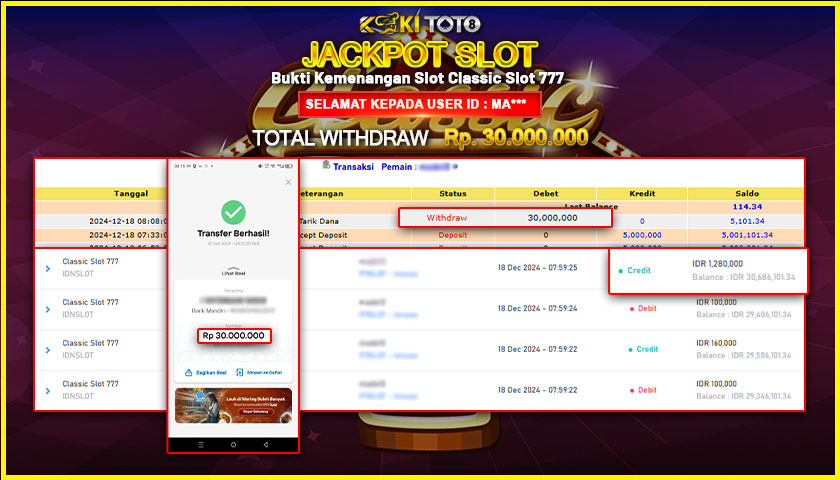 KOKITOTO JACKPOT SLOT CLASSIC SLOT 777 Rp. 30.000.000,- LUNAS