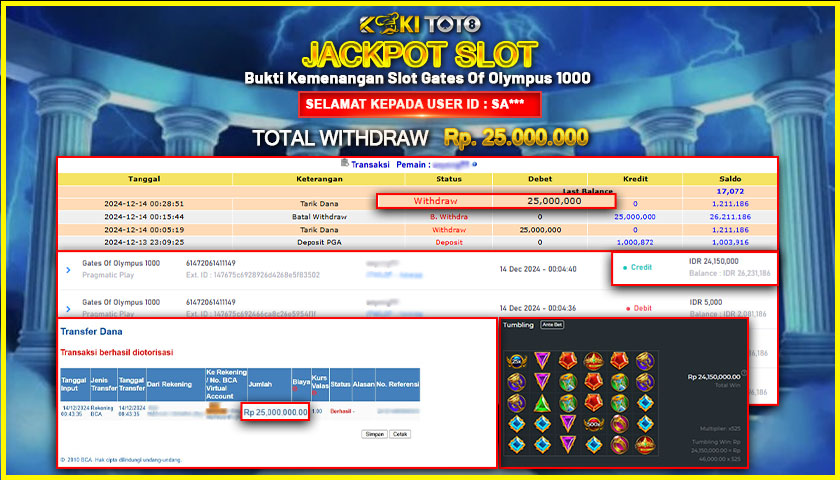 KOKITOTO JACKPOT SLOT GATES OF OYLMPUS 1000 Rp. 25.000.000,- LUNAS