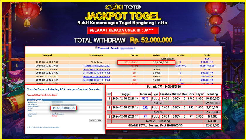 KOKITOTO JACKPOT TOGEL HONGKONG LOTTO Rp. 52.000.000,- LUNAS
