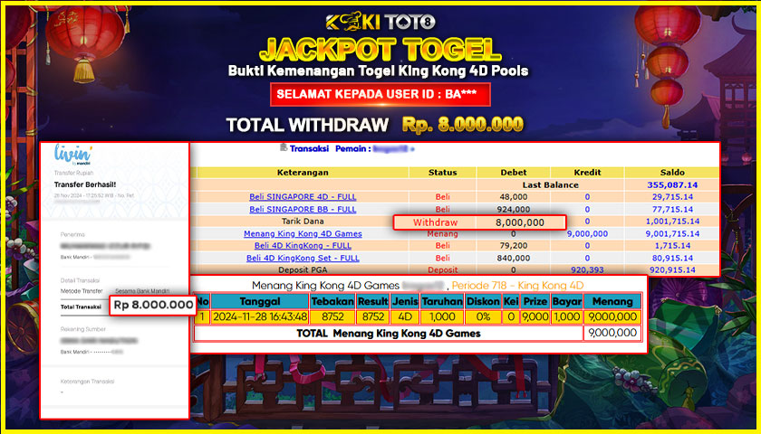 KOKITOTO JACKPOT TOGEL KINGKONG 4D POOLS Rp. 8.000.000,- LUNAS