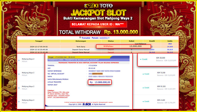 KOKITOTO JACKPOT SLOT MAHJONG WAYS 2 Rp. 13.000.000,- LUNAS