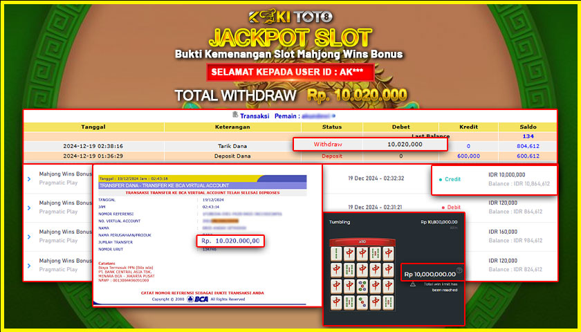 KOKITOTO JACKPOT SLOT MAHJONG WINS BONUS Rp. 10.020.000,- LUNAS