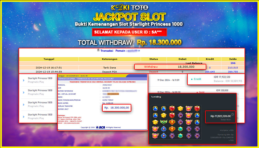 KOKITOTO JACKPOT SLOT STARLIGHT PRINCESS 1000 Rp. 18.300.000,- LUNAS