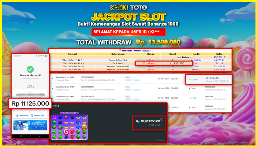 KOKITOTO JACKPOT SLOT SWEET BONANZA 1000 Rp. 11.125.000,- LUNAS