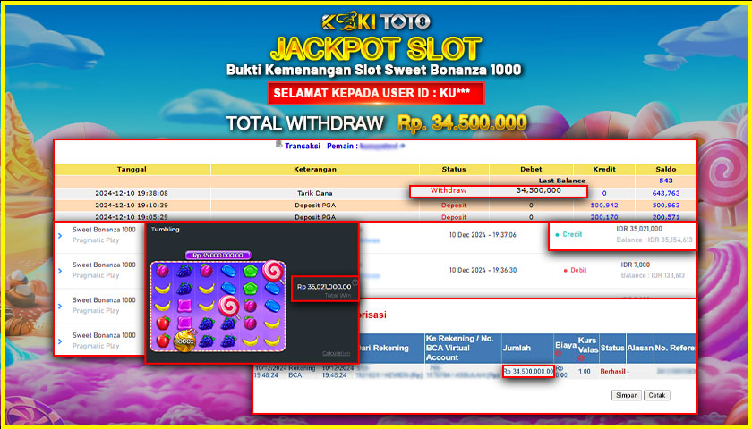 KOKITOTO JACKPOT SLOT SWEET BONANZA 1000 Rp. 34.500.000,- LUNAS