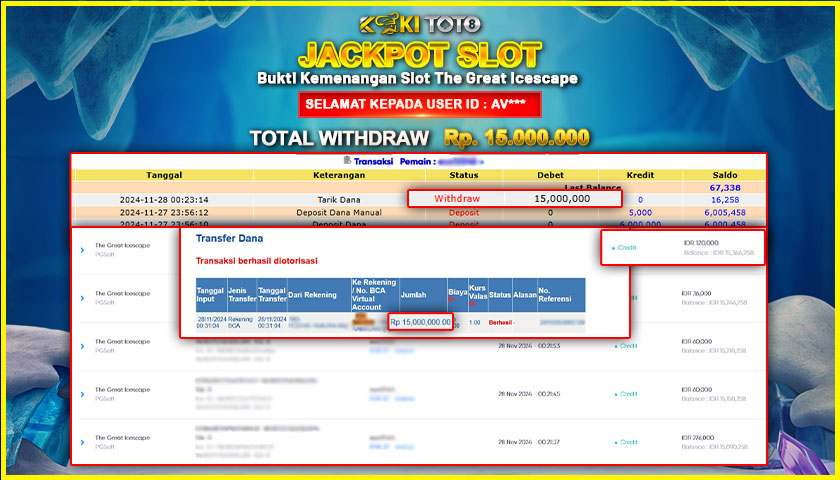 KOKITOTO JACKPOT SLOT THE GREAT ICESCAPE Rp. 15.000.000,- LUNAS