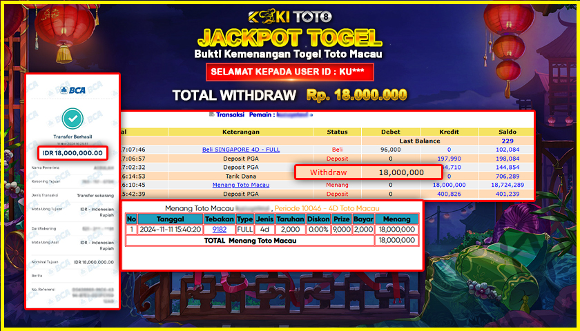 KOKITOTO JACKPOT TOGEL TOTO MACAU 4D POOLS Rp. 18.000.000,- LUNAS