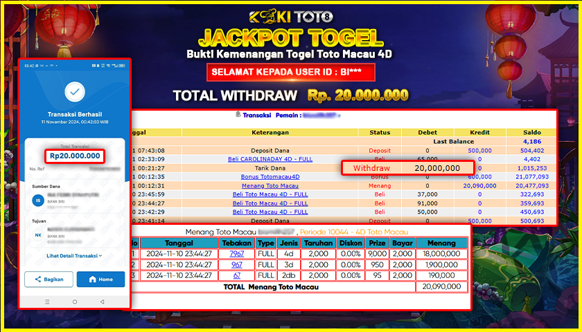 KOKITOTO JACKPOT TOGEL TOTO MACAU 4D POOLS Rp. 20.000.000,- LUNAS