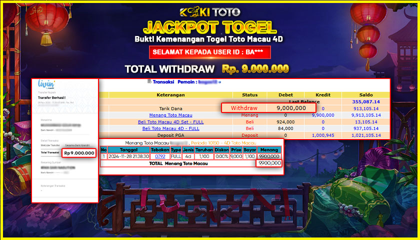 KOKITOTO JACKPOT TOGEL TOTO MACAU 4D POOLS Rp. 9.000.000,- LUNAS