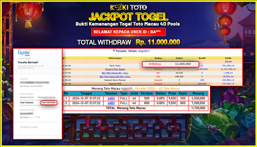 KOKITOTO JACKPOT TOGEL TOTO MACAU 4D POOLS Rp. 11.000.000,- LUNAS
