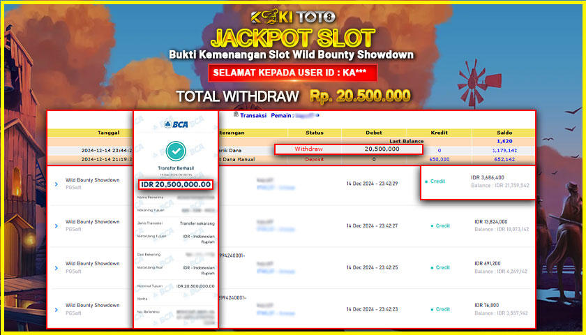 KOKITOTO JACKPOT SLOT WILD BOUNTY SHOWDOWN Rp. 20.500.000,- LUNAS