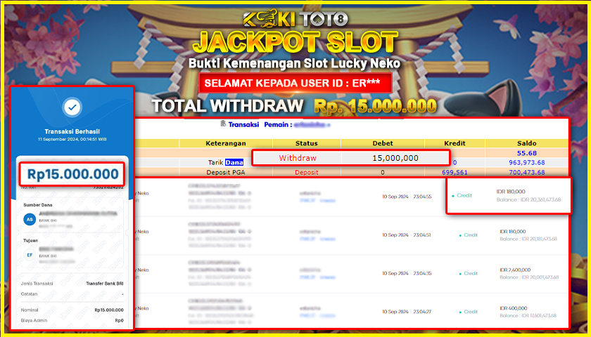 KOKITOTO JACKPOT SLOT LUCKY NEKO Rp. 15.000.000,- LUNAS