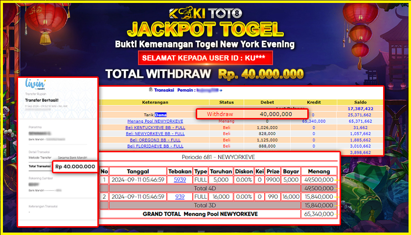 KOKITOTO JACKPOT TOGEL NEW YORK EVENING Rp. 40.000.000,- LUNAS