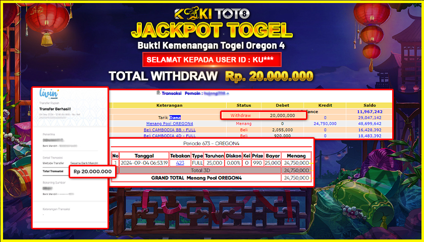 KOKITOTO JACKPOT TOGEL OREGON 4 POOLS Rp. 20.000.000,- LUNAS