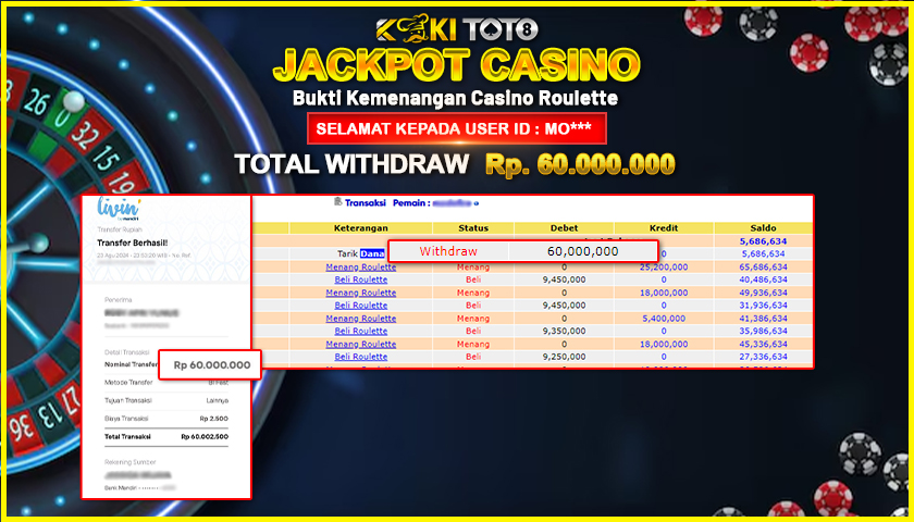 KOKITOTO JACKPOT CASINO ROULETTE Rp. 60.000.000,- LUNAS