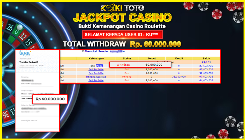 KOKITOTO JACKPOT CASINO ROULETTE Rp. 60.000.000,- LUNAS