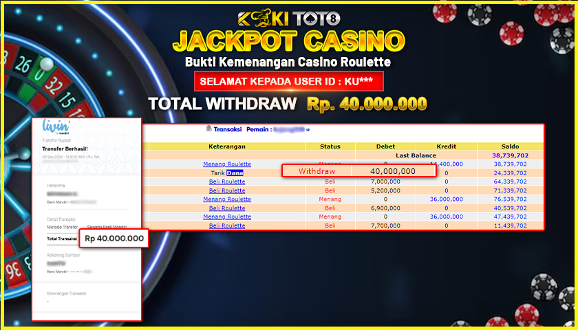 KOKITOTO JACKPOT CASINO ROULETTE Rp. 40.000.000,- LUNAS