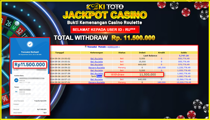 KOKITOTO JACKPOT CASINO ROULETTE Rp. 11.500.000,- LUNAS