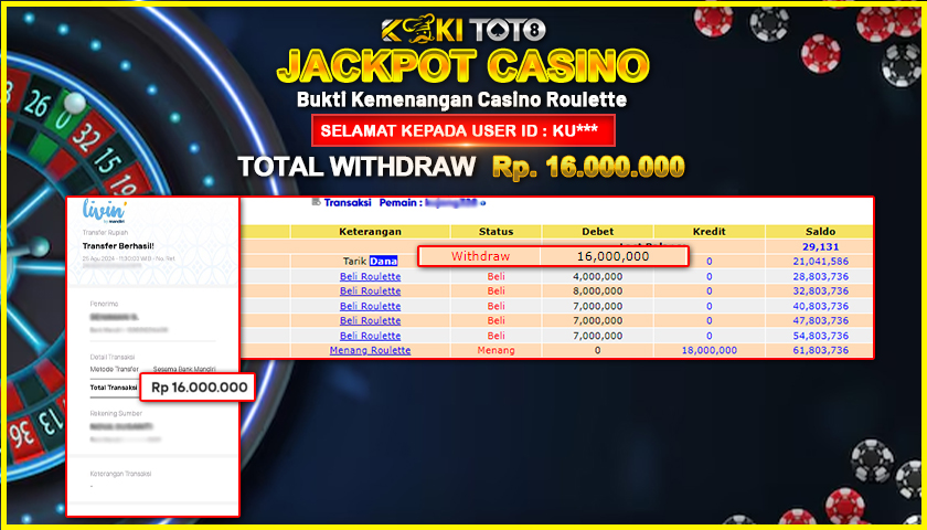 KOKITOTO JACKPOT CASINO ROULETTE Rp. 16.000.000,- LUNAS