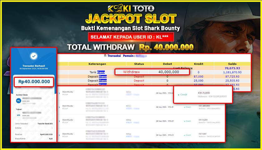 KOKITOTO JACKPOT SLOT SHARK BOUNTY Rp. 40.000.000,- LUNAS