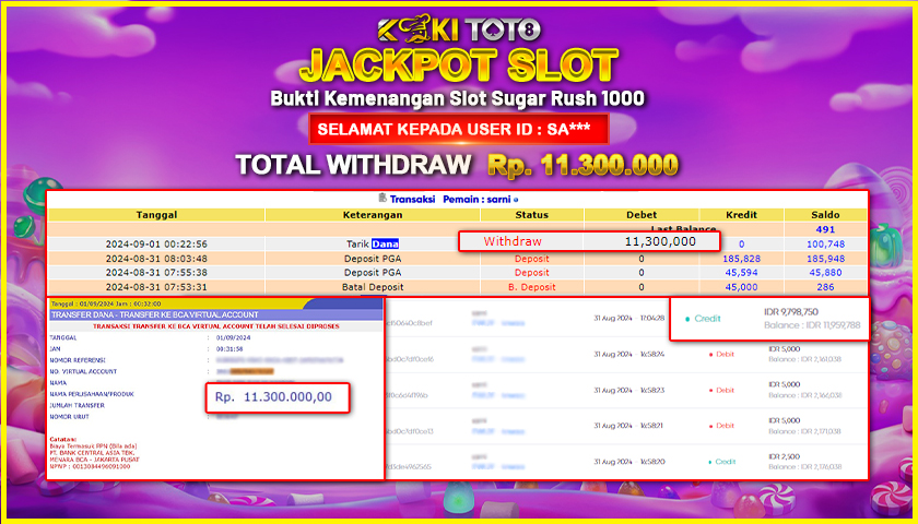 KOKITOTO JACKPOT SLOT SUGAR RUSH 1000 Rp. 11.300.000,- LUNAS