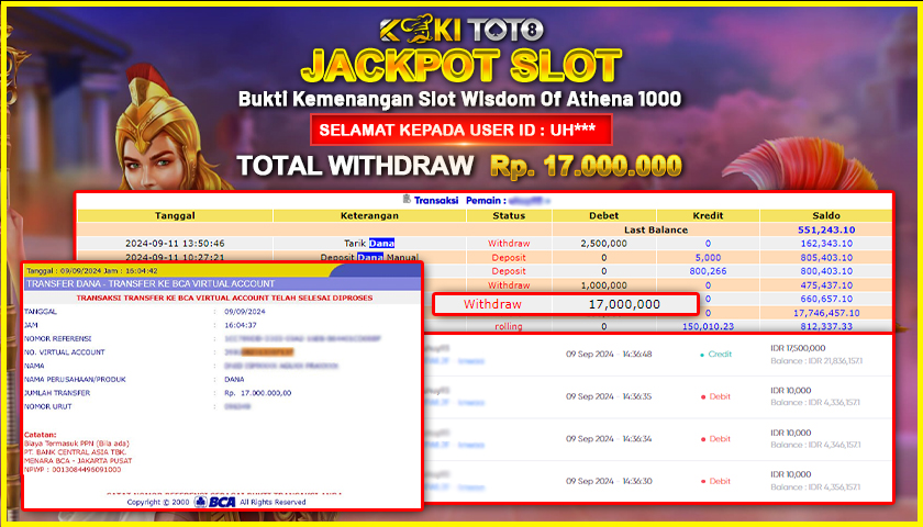 KOKITOTO JACKPOT SLOT WISDOM OF ATHENA 1000 Rp. 17.000.000,- LUNAS
